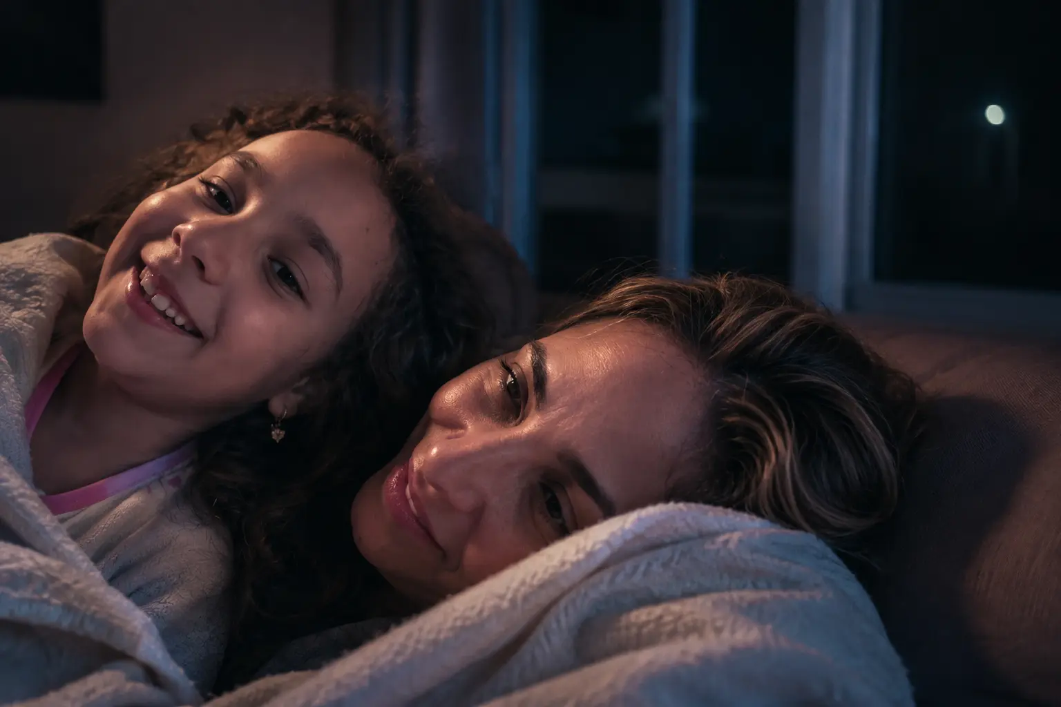 Cami and Dora lying side by side under a blanket at night, smiling at the camera.